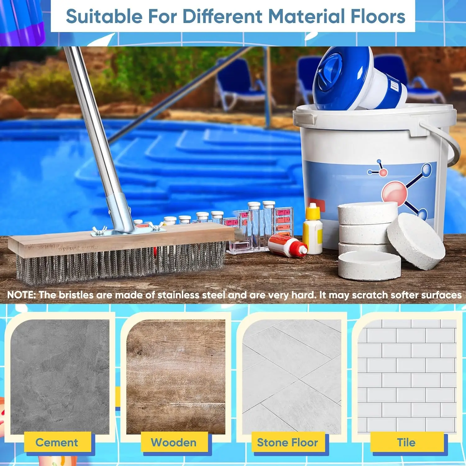 2 Pcs Stainless Steel Deck Wire Brush Concrete Brush Stiff Bristle Broom for Cleaning Scrubbing Removing Rough