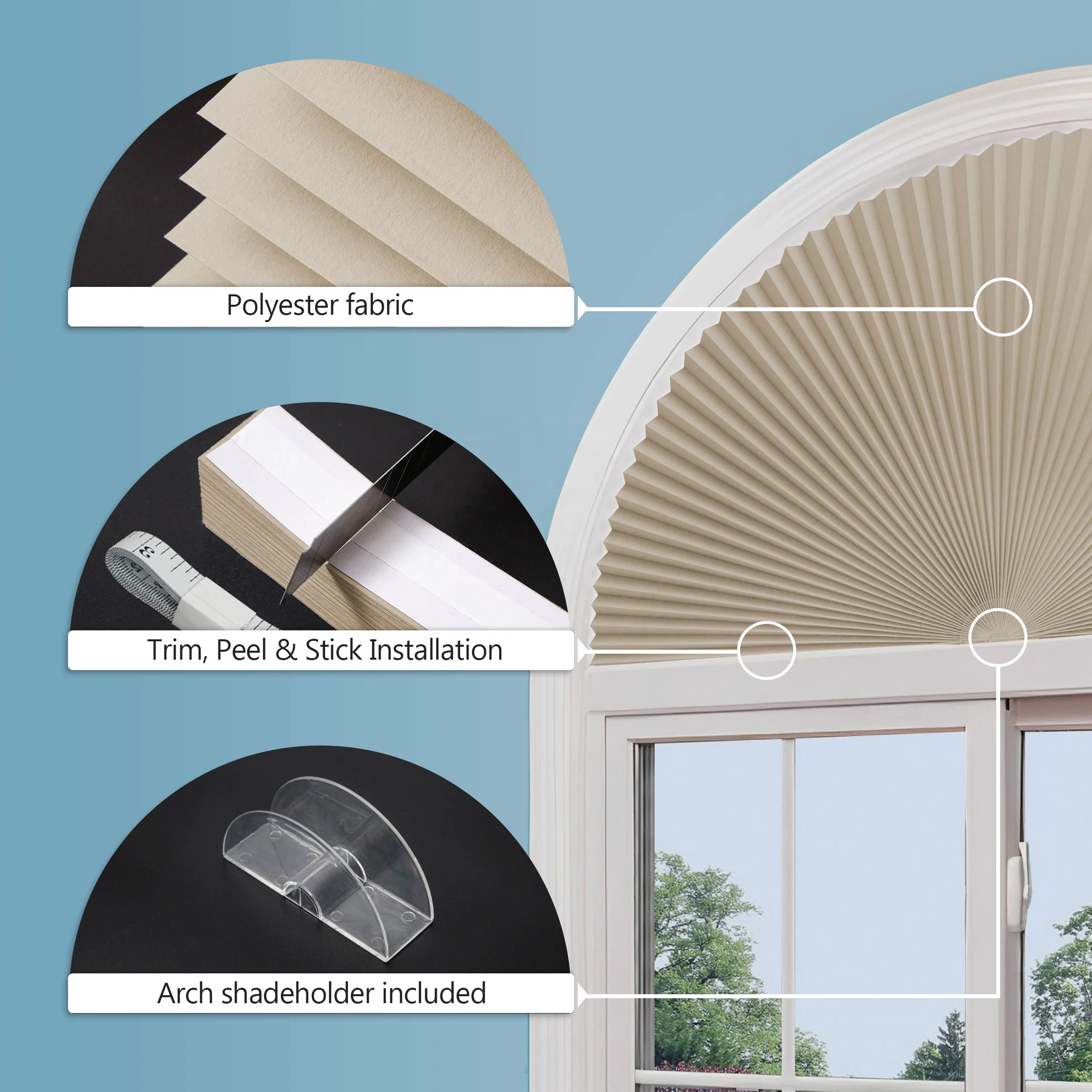 Half Circle Window Shades Easy Install Nonwoven Arch Pleated Blind Fabric Filtering Light Prefect Fit For Half Moon Arch Windows
