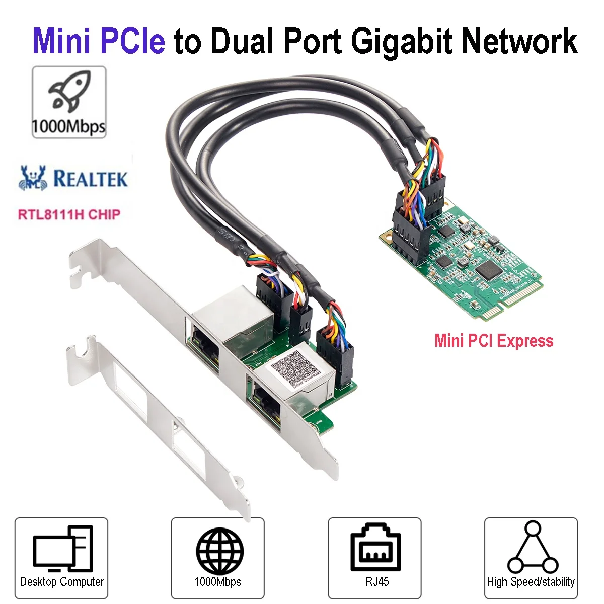 IOCREST Mini PCIe 2 Port 1000M 1 Gigabit Ethernet Network Card RTL8111H Chips Dual RJ45 Lan 10/100/1000 Mbps Nic Lan for Desktop