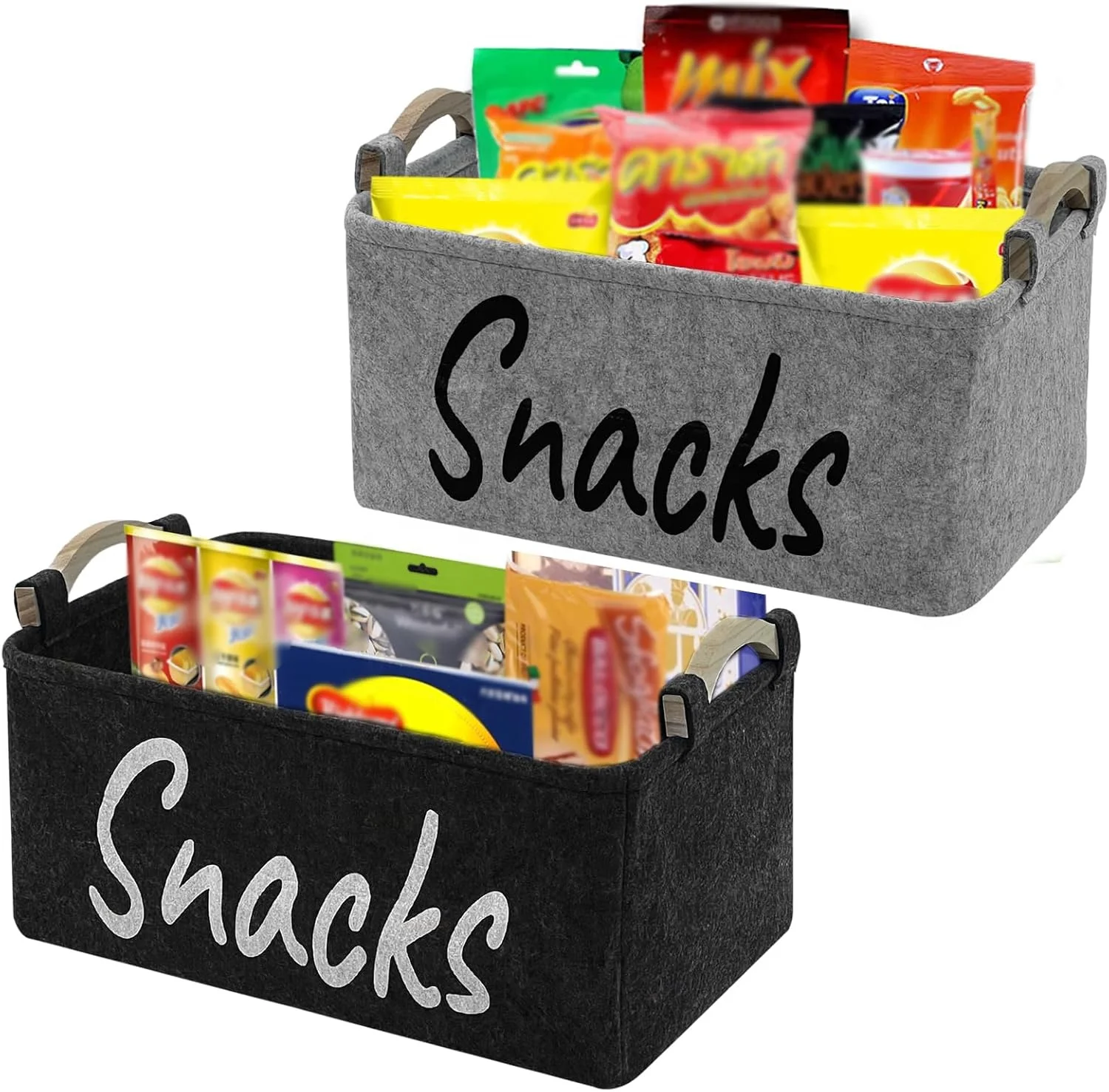 Thickened Felt Snack Box Containers Snack Organizer Box Storage Basket with Wooden Handles for Storing Chips Cookies Popcorn