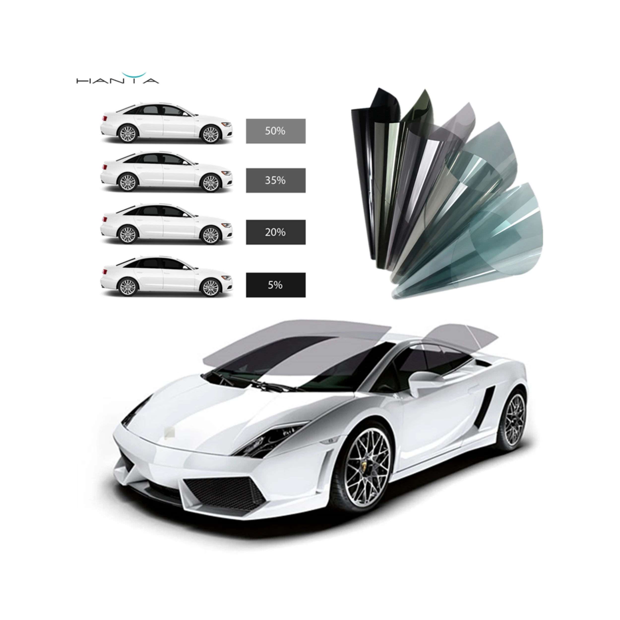 Sun Heat Control Nano Ceramic Solar Car Window Tint Film Uv Protection 2 Ply 5% 30% 70% Vlt Auto Tint Film