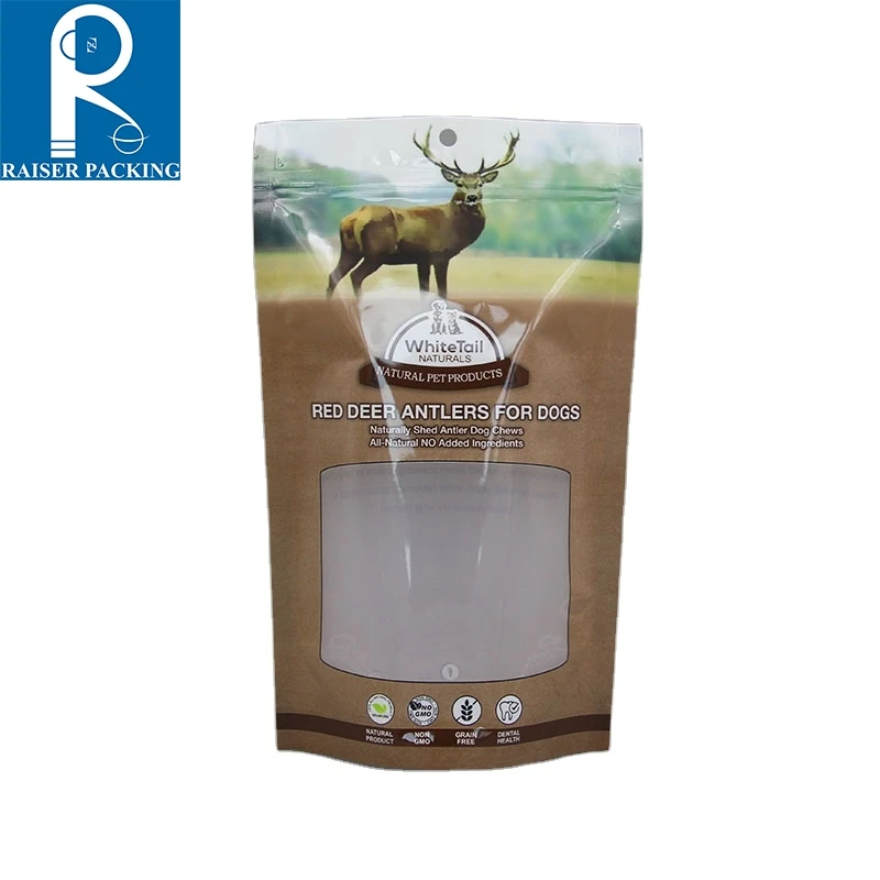 Стоячий пластиковый пакет для еды для домашних животных с прозрачным окном/пластиковый пакет с застежкой-молнией для еды для собак