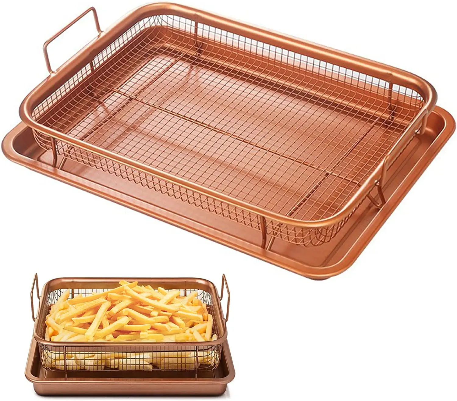 2 Piece Copper Crisper Non Stick Baking Tray Oven Baking Pan & Mesh Basket Set