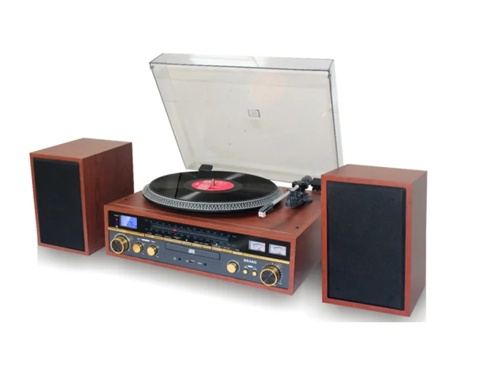 Turntable with CD/MP3VU Meter, BT Receiver, Analog FM radio, USB recording & 2 x 9W wooden speaker