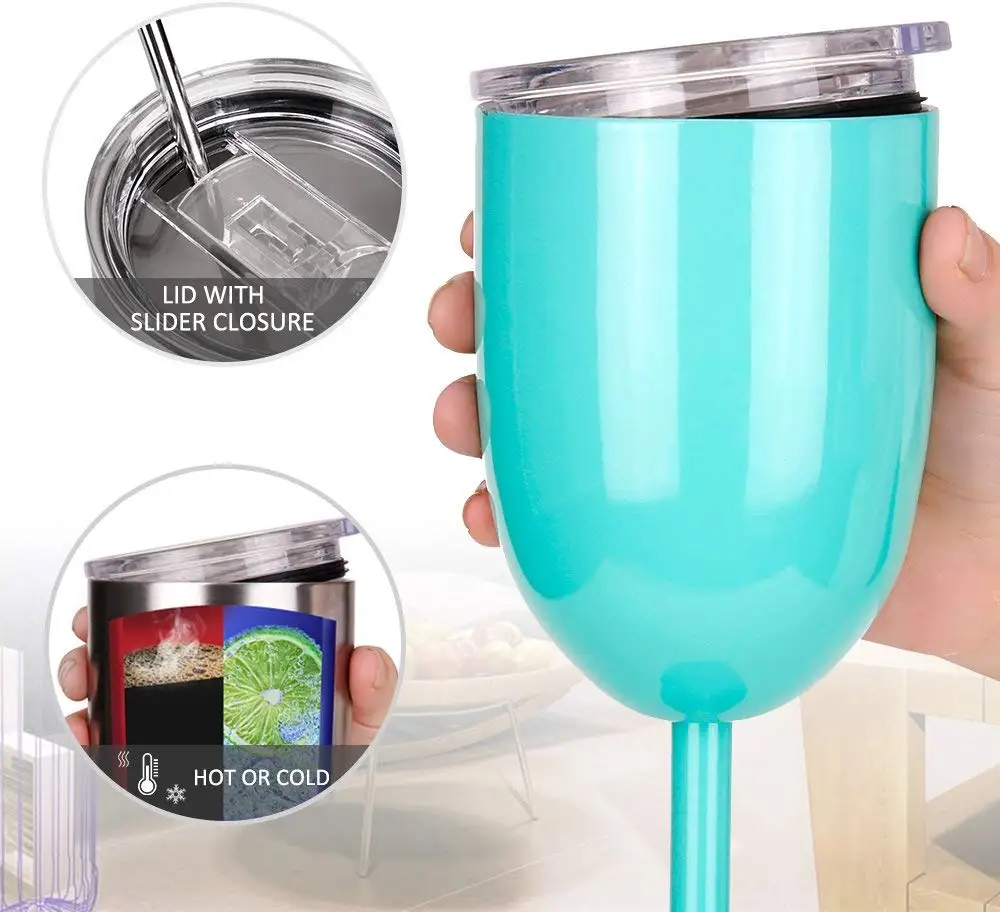 
10 OZ Stainless Steel Wine Glass Double Walled Vacuum Insulated Unbreakable Wine Tumbler Cup With Lid And Straw 