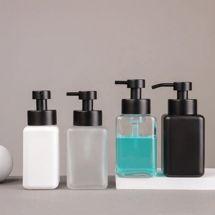 Flat Square Shape 8oz 250ml Liquid Soap Glass Dispenser Bottle With Black Foaming Pump For Hand Face Cleaning Personal Care Use