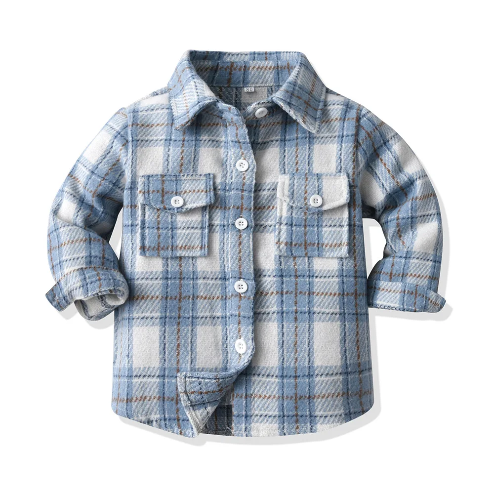 1Pcs Logo Children Plaid Brushed Long Sleeved Cardigan Autumn Lapel Single Breasted Top Casual Coat