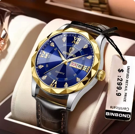 New BINBOND B2521 2521 Latest Brand Luxury Multi-Color Men Quartz Watch Genuine Leather Band Fashion Casual Business Wristwatch