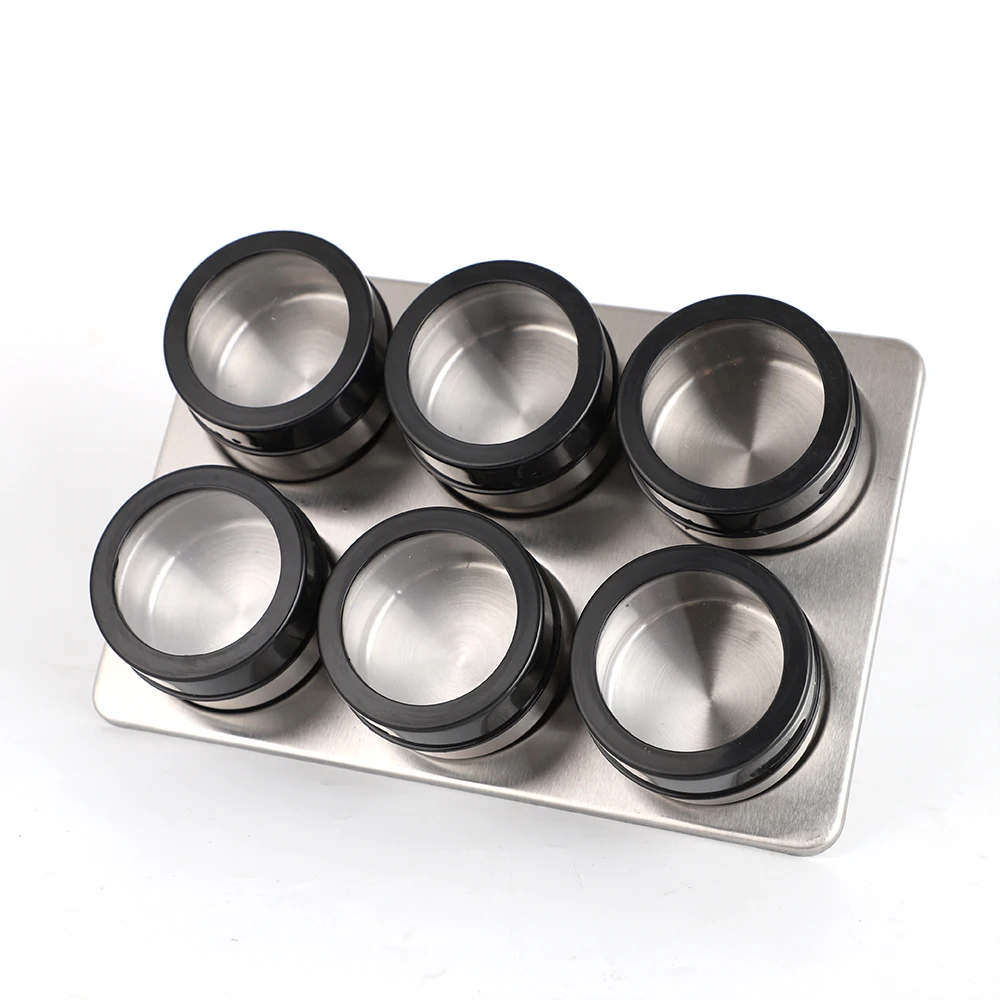 6PCS SET Kitchen Stainless Steel Magnetic Spice Condiment Cruet Holder Jar