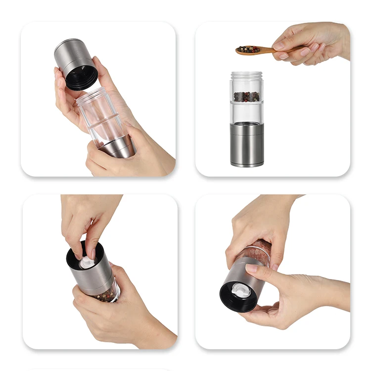High Quality S/S Double Head Spice Mill Grinder with Glass Jars Salt and pepper Grinder Set 2in1pepper mills