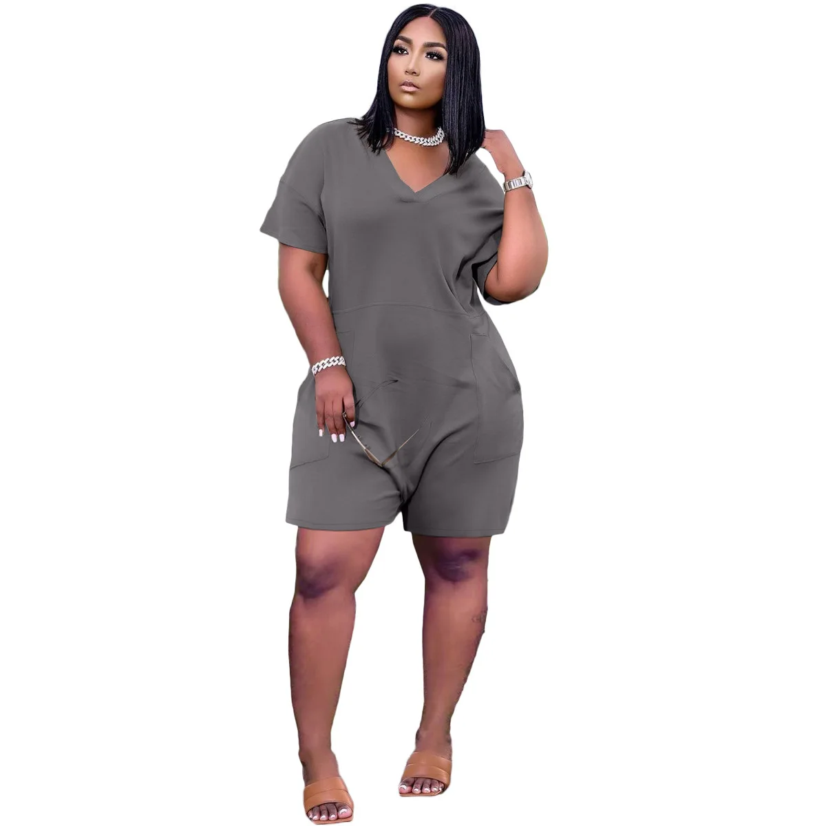 Hot Selling 2023 Short Sleeve Romper for Fat Woman V Neck Pocket Jumpsuit