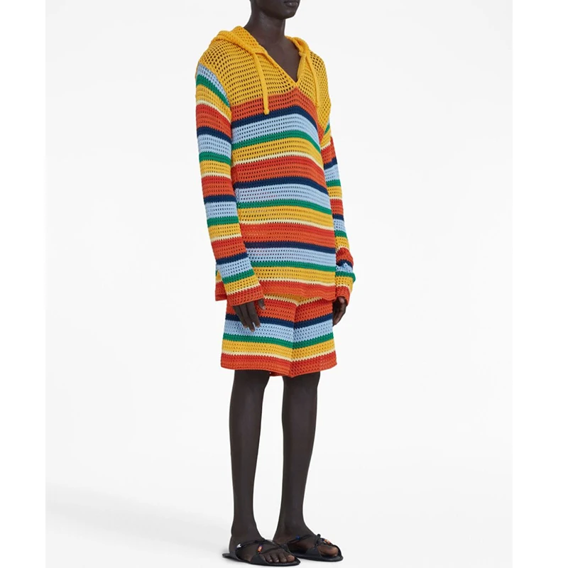 Custom OEM & ODM men Crocheted knitted  Shorts winter Knit Pants men knitwear Striped cotton Drawstring Hollow out knit Shorts