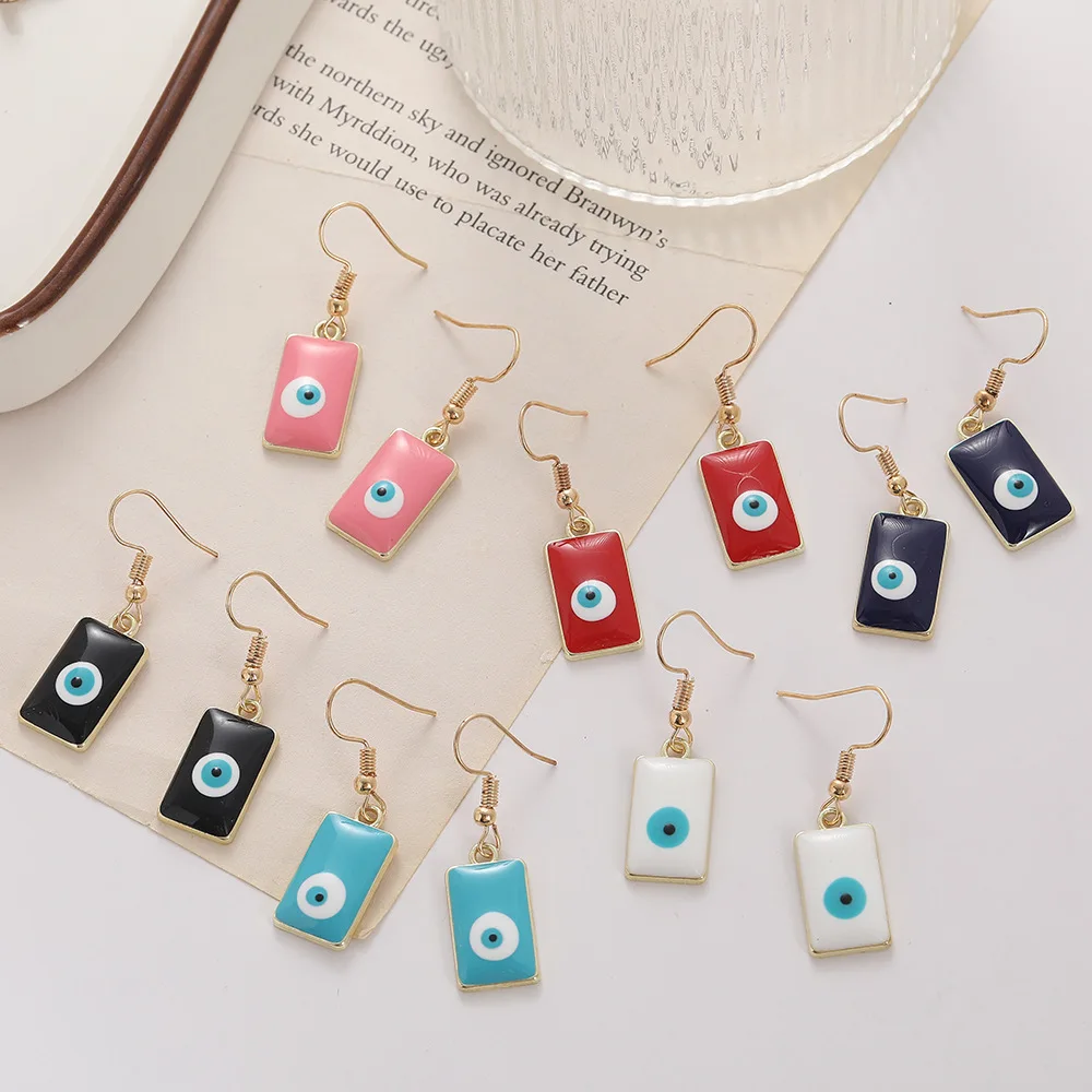 Wholesale Fashion Jewelry Gold Blue Eye Dangle Earrings Rectangle Oil Drip Colorful Turkish Evil Eye Earrings