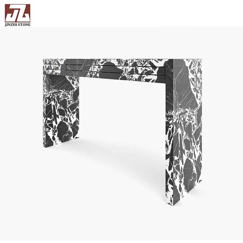 Modern Black Console Table with Travertine Handcrafted Bench Casual Fashion Design featuring Marble Table Top