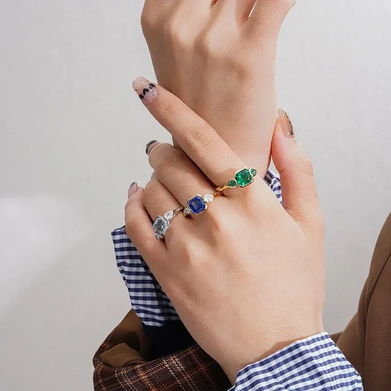 Fly Elephant three stone 7*7mm asscher cut zambian emerald 14k solid gold engagement ring