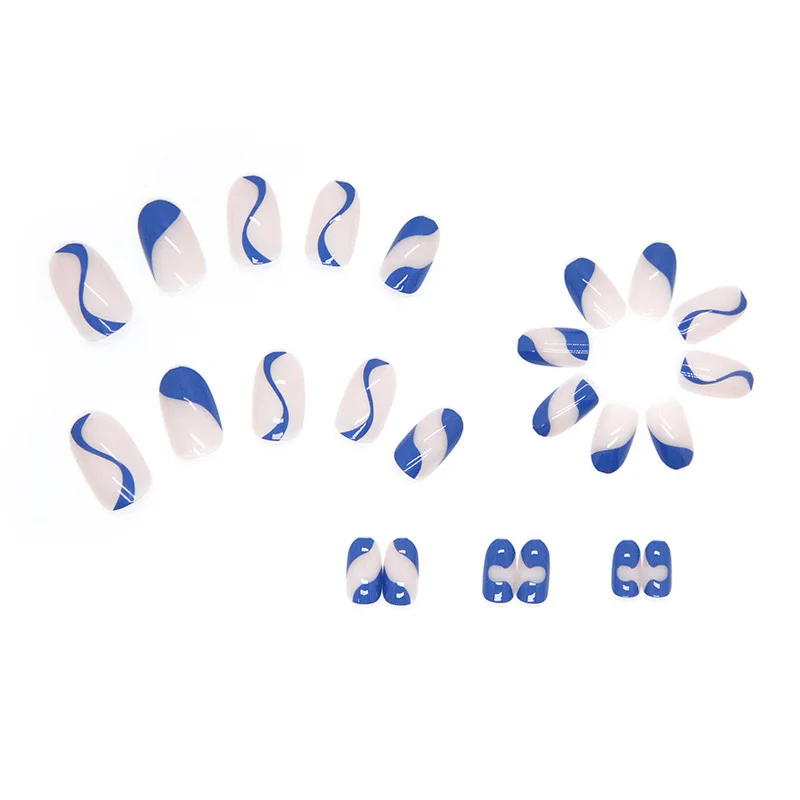 wholesale new arrive 3D blue stripe ABS manicure for summer simple fresh short round press on false nails for summer