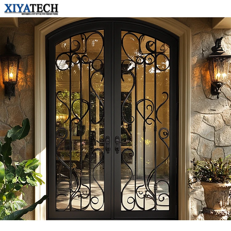 XIYATECH Double Wrought Iron Cast Door Exterior Steel Gate Custom Front Entry Arch French Classica Villa Main Entrance for house