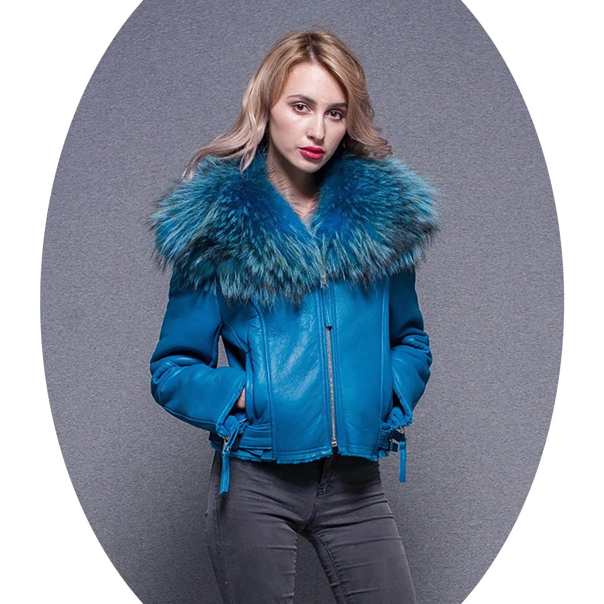 Janefur wholesale winter big raccoon fur collar sheepskin jacket factory price thick double face fur leather jacket