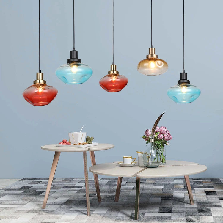 European Modern Indoor Iron Blue Glass Bottle Home Dining Room Kitchen High Ceiling Pendant Lamp Chandelier