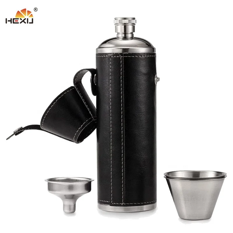 Stainless Steel Cylinder 10oz  Hip Flask Leather Wrapped  Cylindrical Hip Flask with Cup