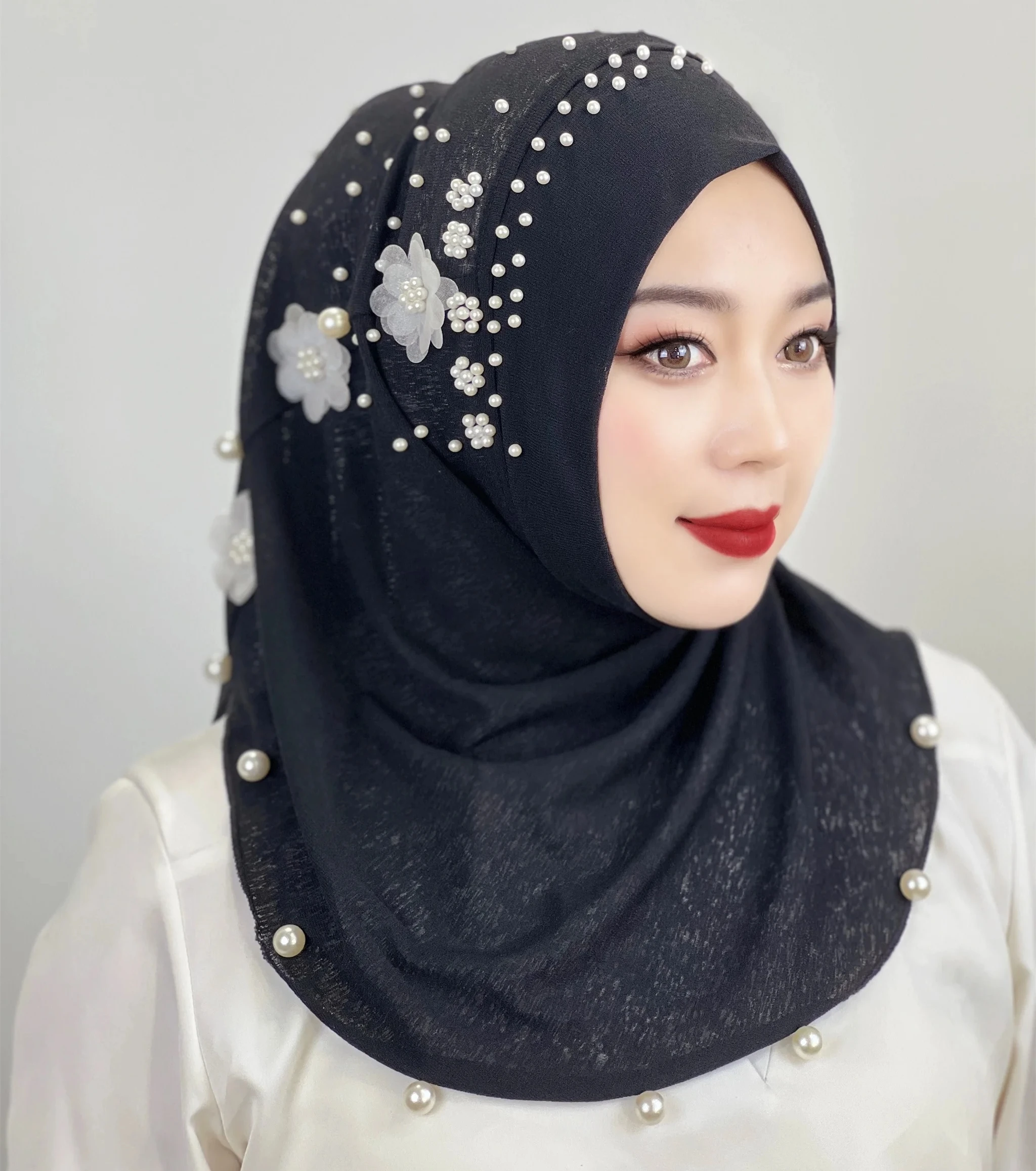 Beading Flower Lace Decoration Haute Muslim Women Nude Scarf Dubai Arab India Hijab Islamic Satin Ladies Bokep Shawl