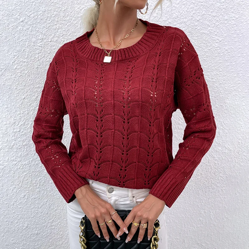 Hollow out knitted pattern crew neck blank oversize knit pull over sweater women