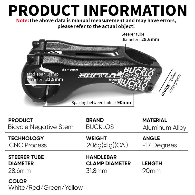 OEM/ODM BUCKLOS Bicycle Stem MTB Power 31.8mm 17 Degree Aluminum Mountain Road Bike Handlebar Stem 70/90mm Cycling Parts