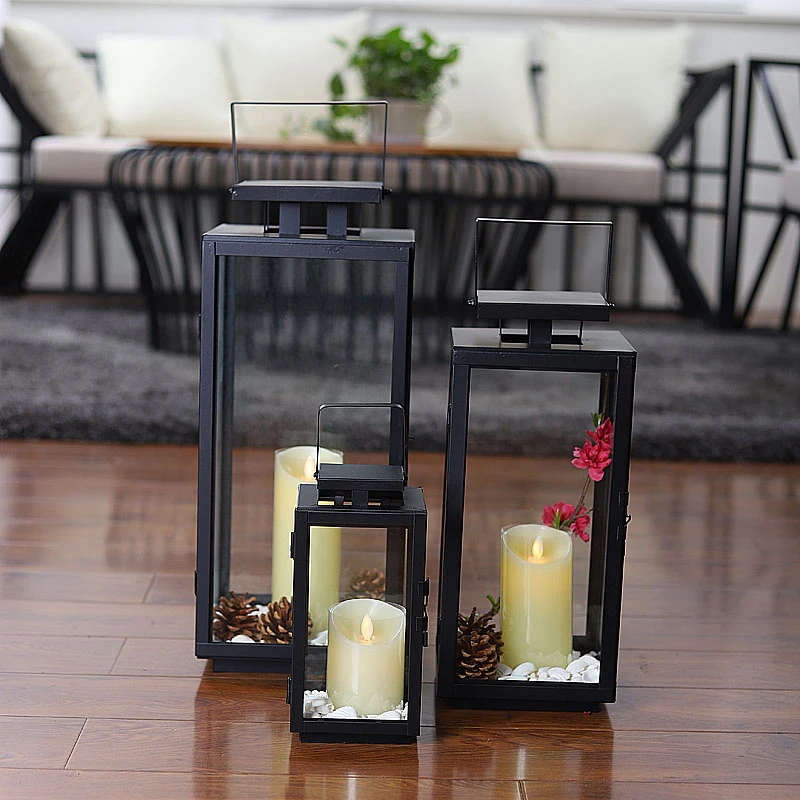 2022 Hot selling classic outdoor glass floor metal lantern garden decoration model candle holder ornaments iron wind lanterns