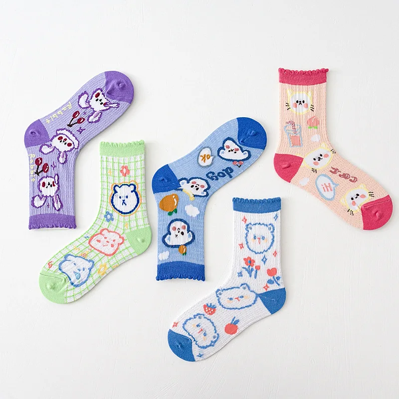 CT Chinese Cute Cartoon Milk Tea Jacquard Cotton Knitted Sneaker Quarter Crew Socks for Women