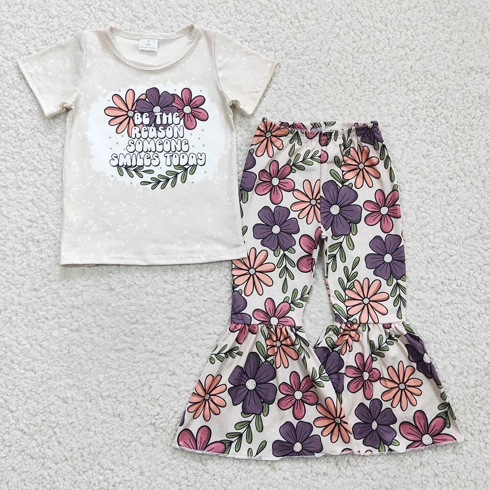 RTS Short Sleeve Adorable Be The Reason Someone Smile Today Popular Floral Print Bell-Pants Toddler Clothing Fashion Baby Set