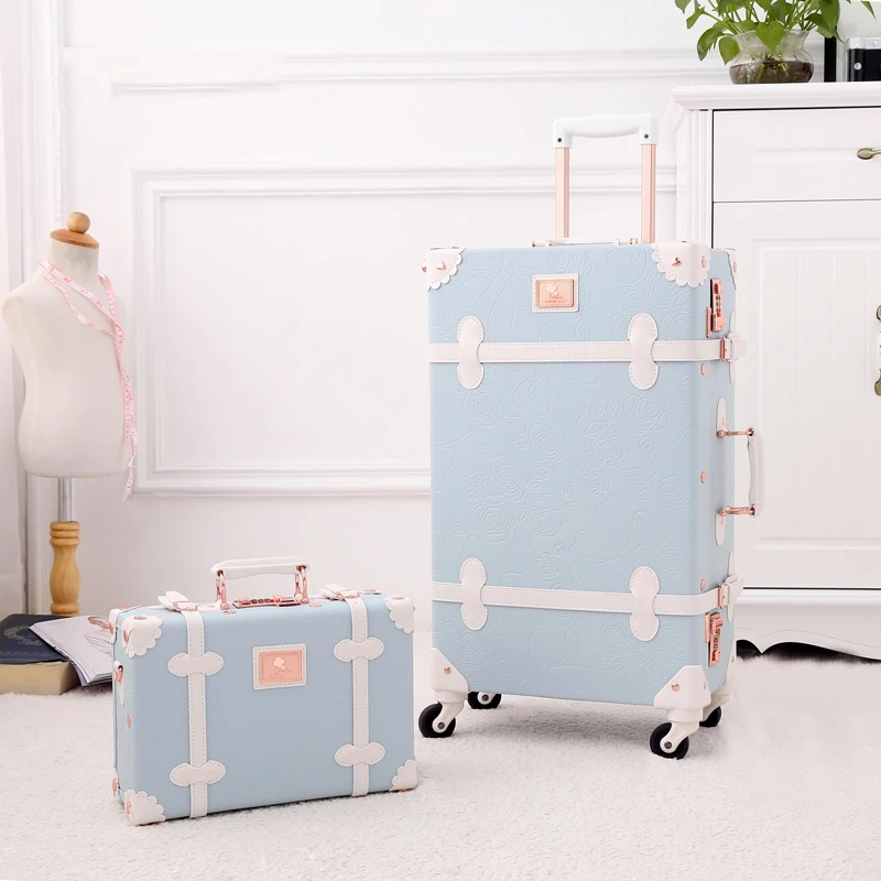 Embossed Blue Unitravel Vintage Luggage Set 26 inch PU Leather Women Cute Suitcase with 12 inch Handbag