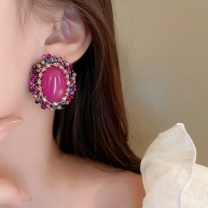 Fashion retro artistic high-end big pearl earrings silver needle inlaid color diamond rose red crystal oval earrings for women