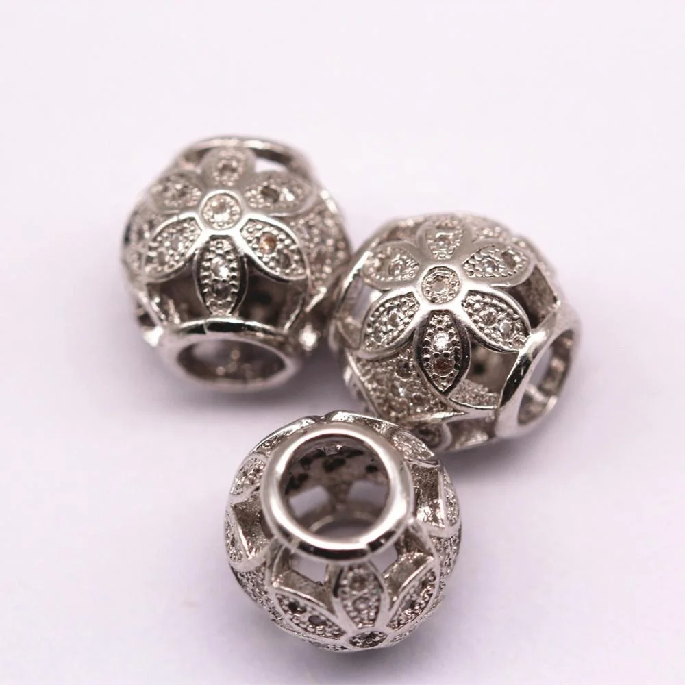 Silver Plated Large Hole Ball Shape Hollow Copper Charm Spacer Beads