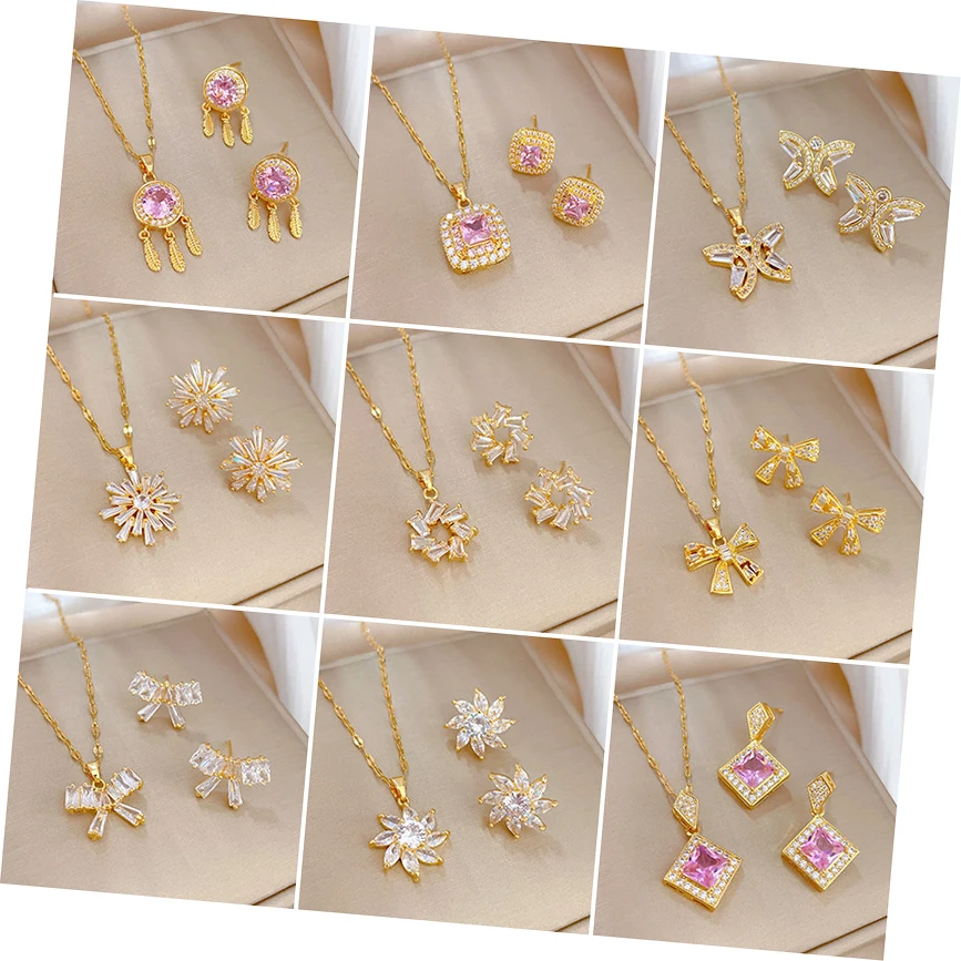 100 Styles 18k Gold Plated Brass Zircon Crystal Pendant Necklace Earrings Jewelry Set For Women Gift