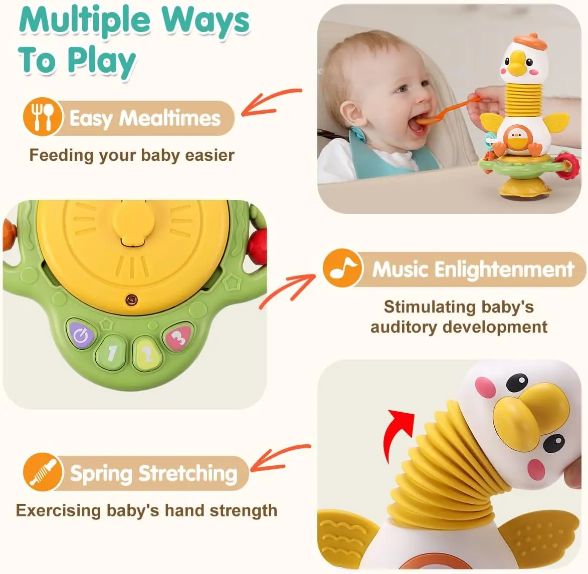 2024 Unisex Goose Battery Operated Highchair New 2 1 Montessori Baby Sensory Toy Suction Cup Musical Sound Teething Car Travel