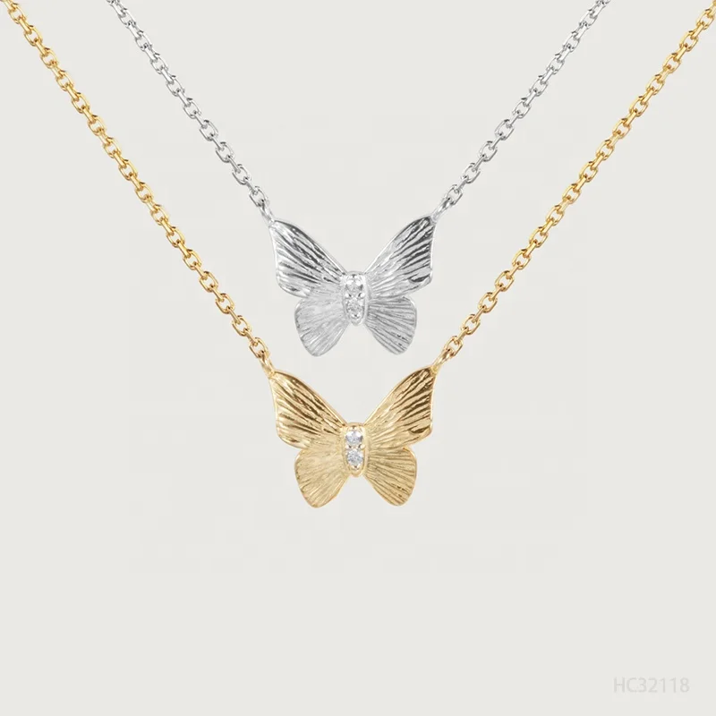 Sterling Silver 925 Fine Jewelry White Cubic Zircon Wholesale Luxury Bling Butterfly Gold Plated Pendant Trendy Jewelry Necklace