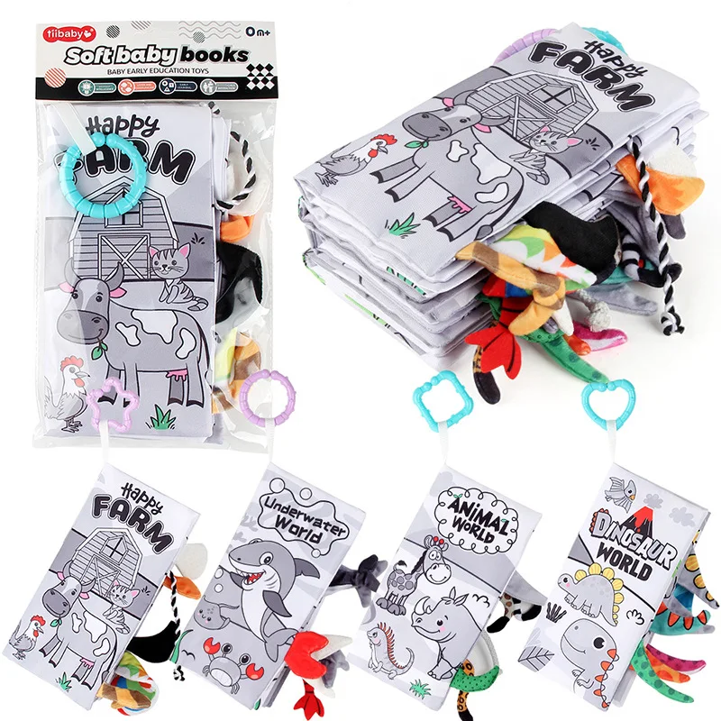 Infant Early Education Soft Washable Black White Fabric Cloth Book Set Toy High Quality Washable Soft Tails Teethers Fabric Book