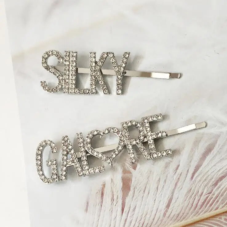 Custom words rhinestone English letter GALORE love heart hairpin metal drill SILKY hair clips hair accessories wholesale