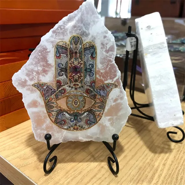 Hot sale natural raw gemstone crystals healing stones selenite slab with hamsa hand chakra Fatima