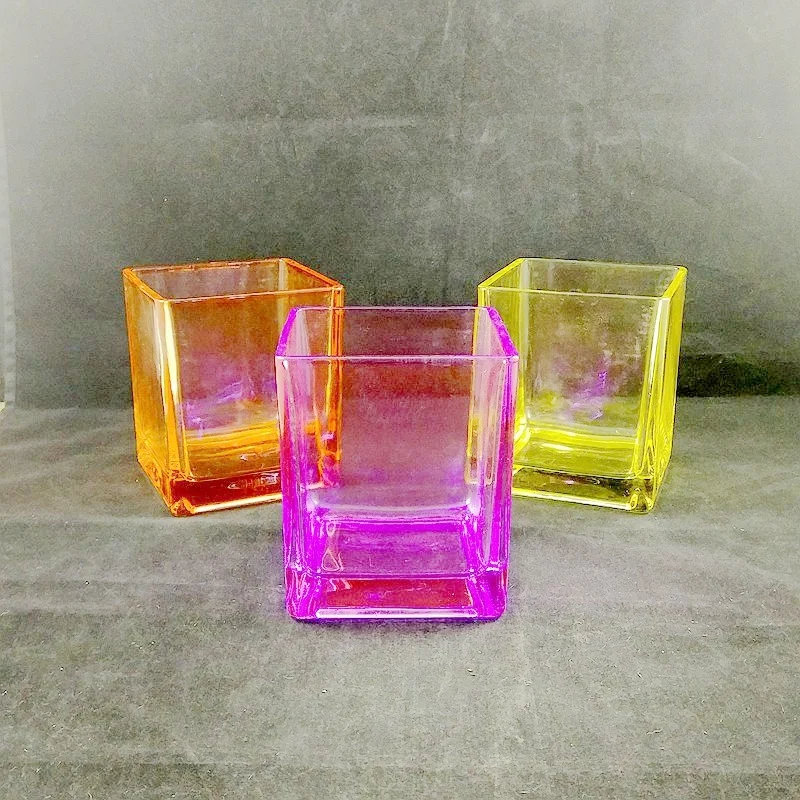 Hot Sale Large Quantity Glass Square Cube Vase/Cube Vase Glass/Red Color Cube Glass Vase for Flowers Planter