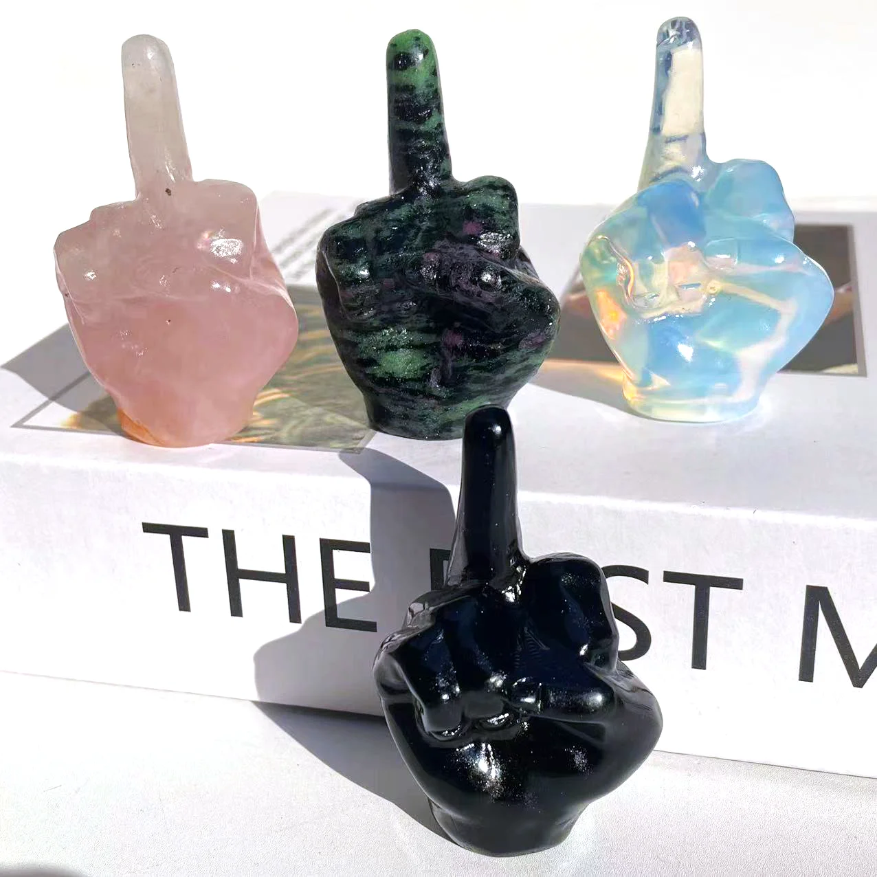 New Arrival 6CM Rose Quartz Middle Finger Crafts Obsidian Crystal Middle Finger Carving