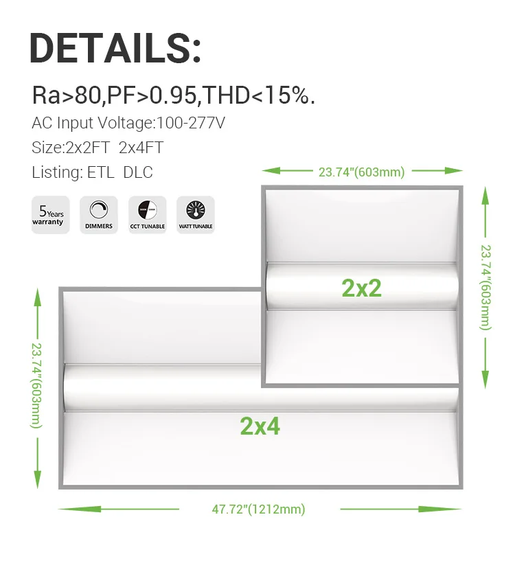 American led lights company 40w ra80 PF>0.9 5000lm ac100-277v recessed backlit troffer led light panel led