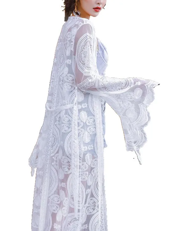Women Summer White Lace Mesh Kimono Cardigan Loose Embroidered Beach Cover Up Sundress Suppliers