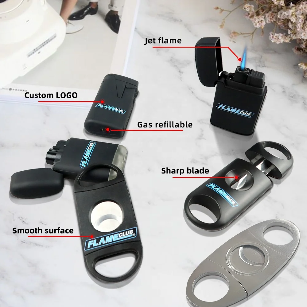 Private your logo promotion cigar ser gift stainless steel cigar cutter and lighter luxury set