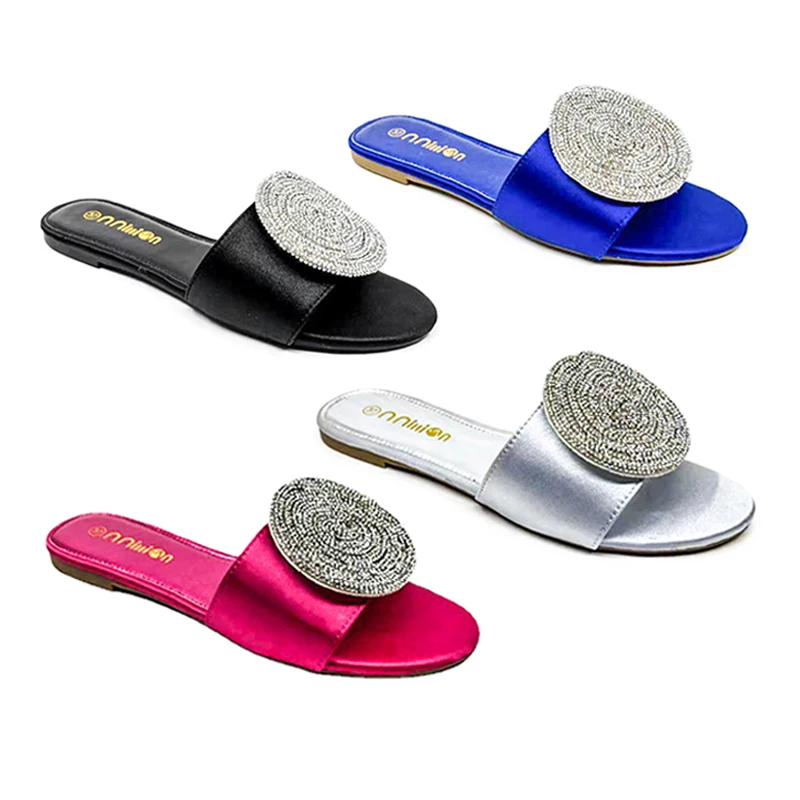 Fancy Wholesale Lady Shiny Slipper Footwear PU Leather Crystal Diamond For Summer Outdoor Women Flat Slide