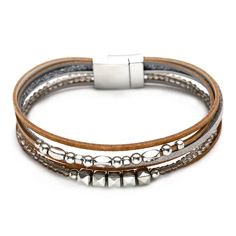 Fashion Braided Rope Cord Wrap PU Leather Bracelet Femme Women Customized Magnetic Clasp Lucky Knot Genuine Leather Bracelet