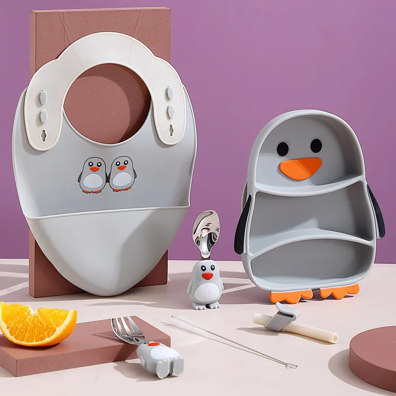 New Design 304 Stainless Steel Kids Cutlery Set with Silicone Penguin Handle and Meal Box
