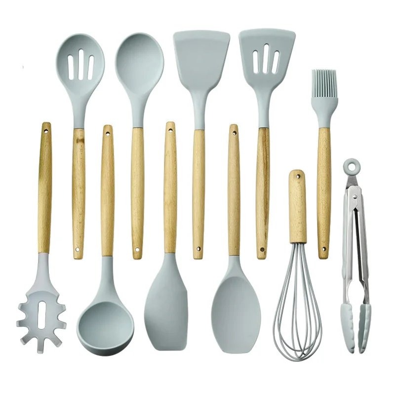 Wholesale 12 Pcs Silicone Kitchen Accessories with Wooden Handle Eco-friendly Kitchenware Cooking Tools Baking Utensils Set