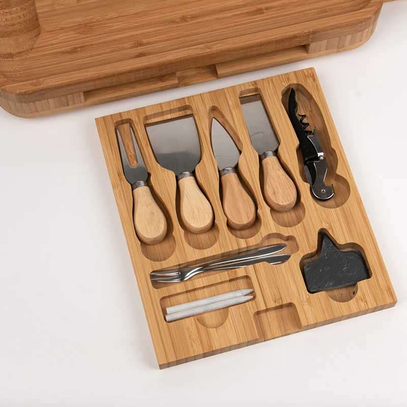 Wholesale OEM Multi-function Bamboo Cheese Cutting Board with Knife Set Tableware Box Ceramic Bow 3 Drawers