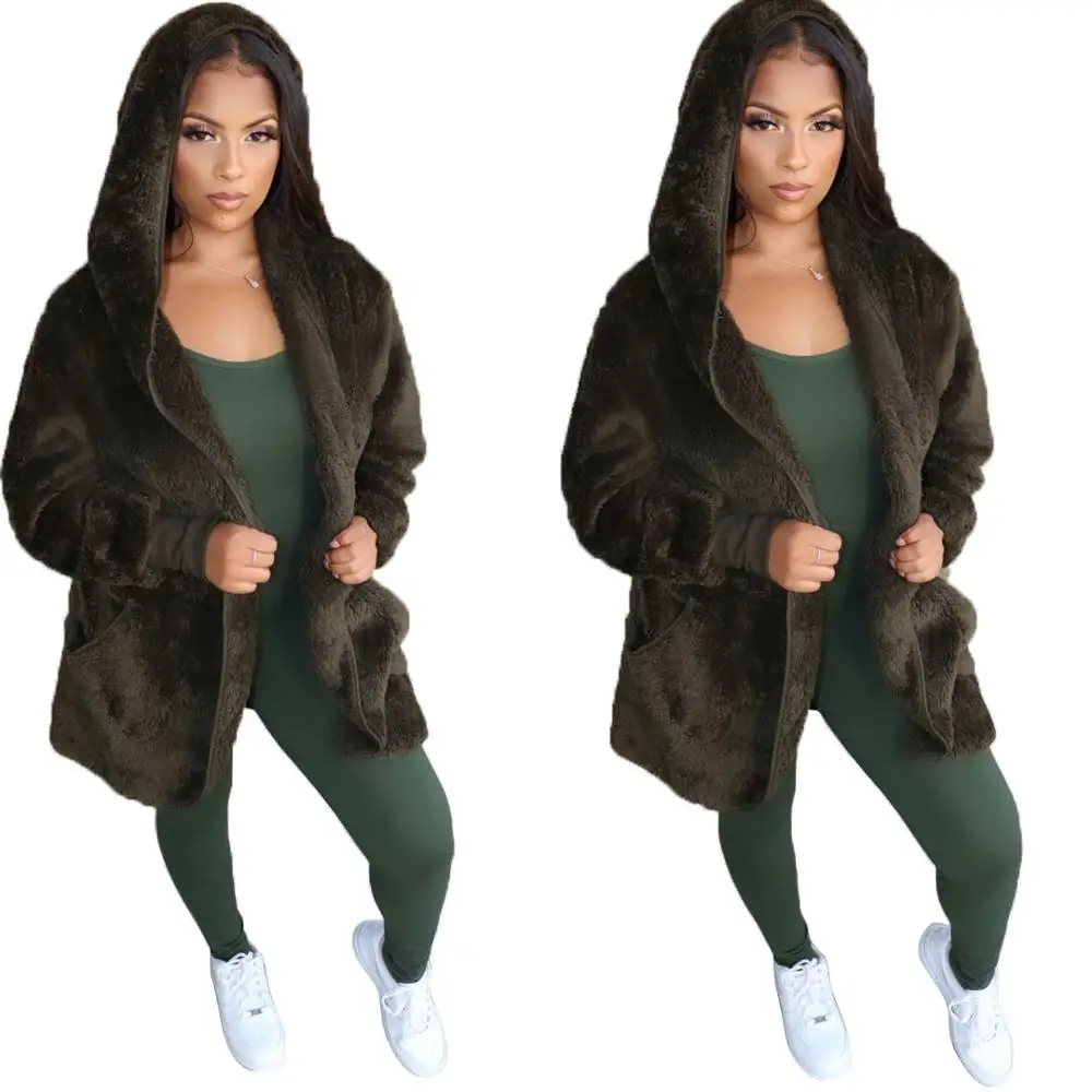 FM-YM8509 Women winter coats synthetic fluff long sleeved pocket hoodie faux fur coat